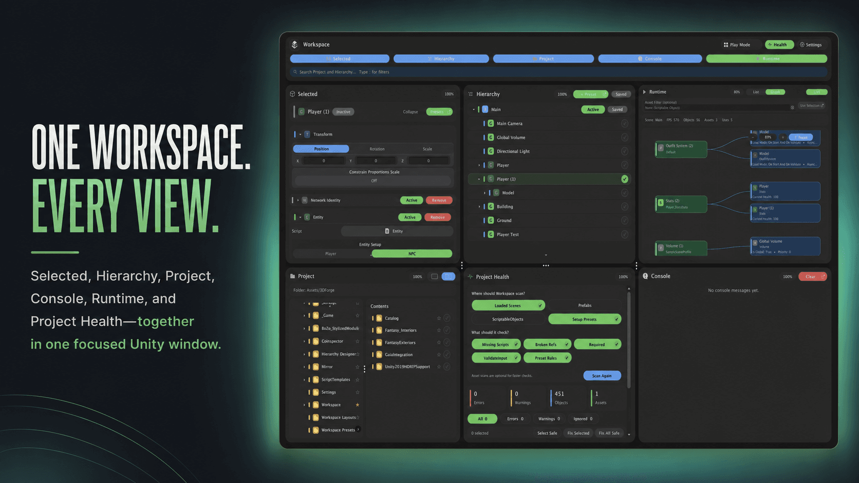 Workspace overview showing the selected panel, hierarchy, project browser, console, runtime, and Project Health
