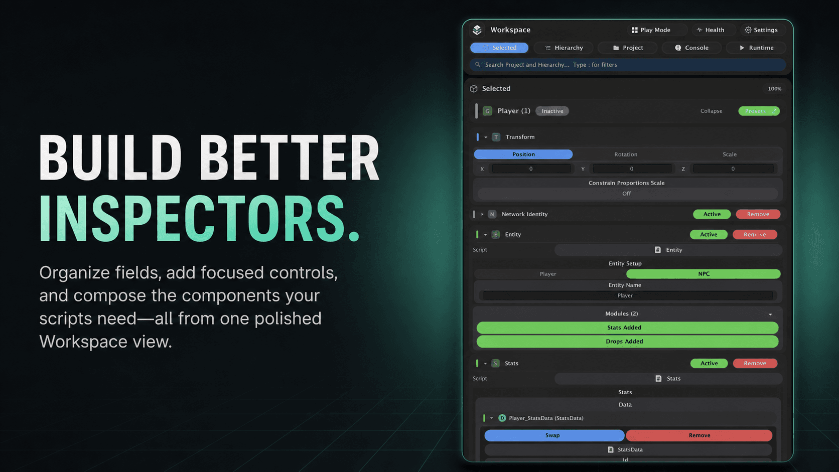 Workspace inspector showing selected GameObject controls and preset application