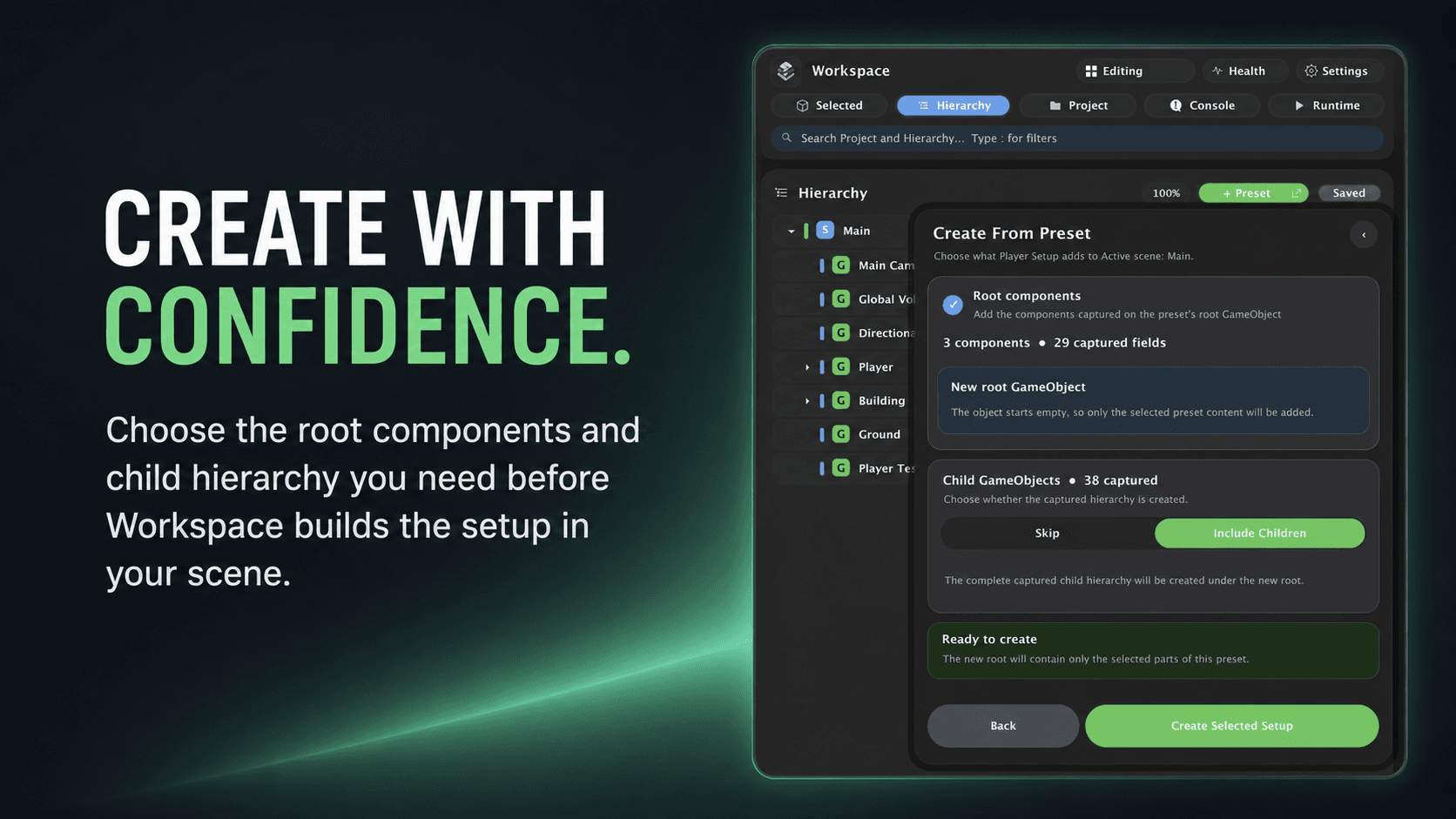 Workspace hierarchy showing a preset-based scene setup workflow