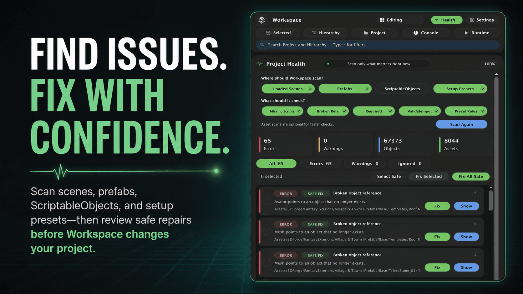 Workspace Project Health showing scan setup and safe repair controls