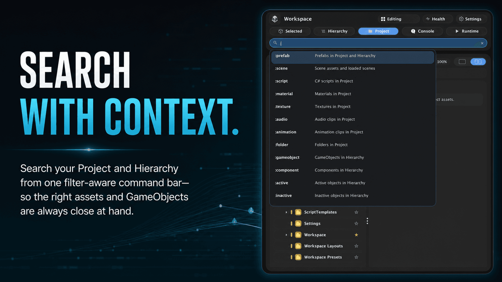 Workspace global search with project and hierarchy filter suggestions