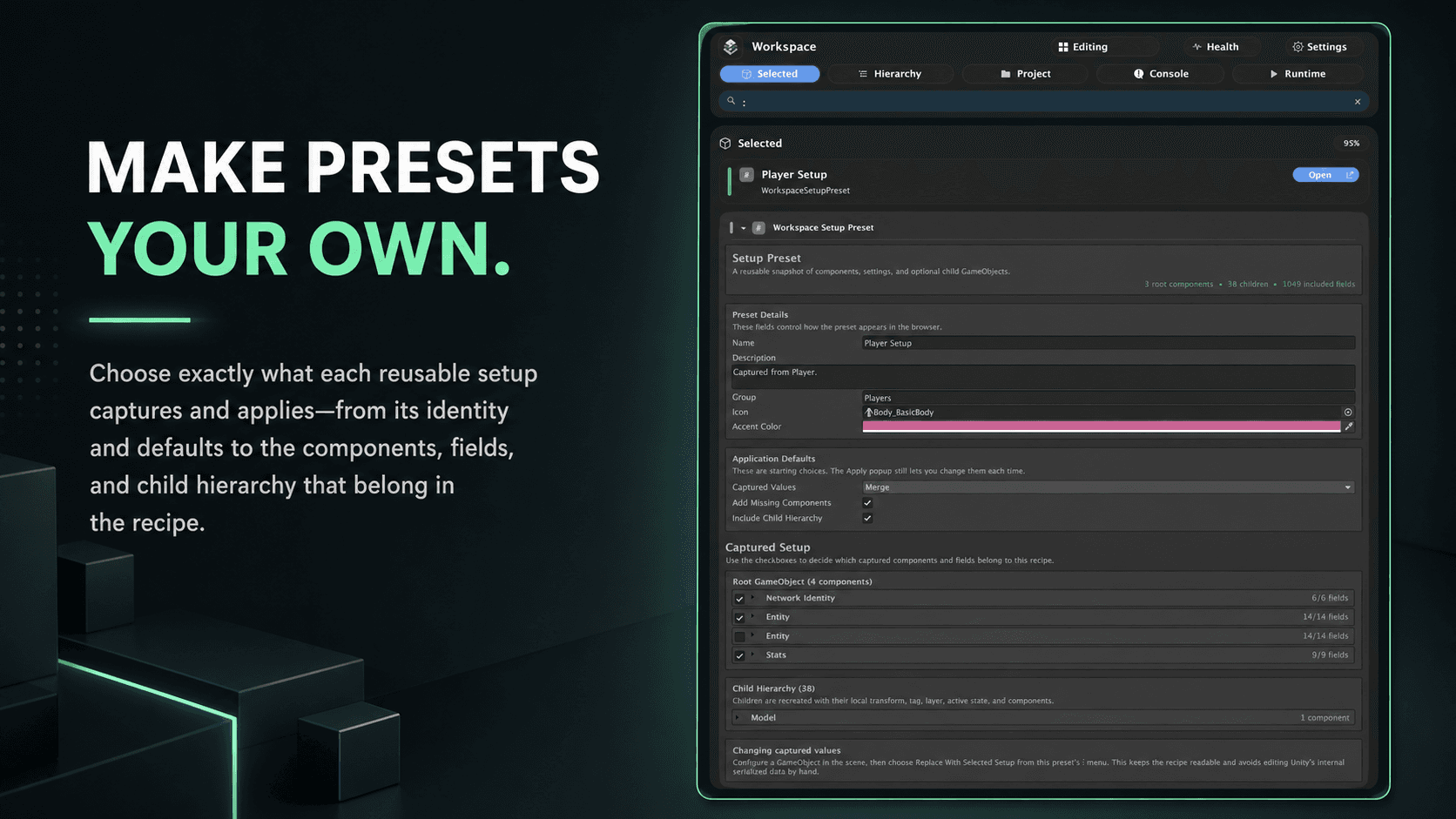 Workspace preset editor showing editable preset details, application defaults, and captured setup controls