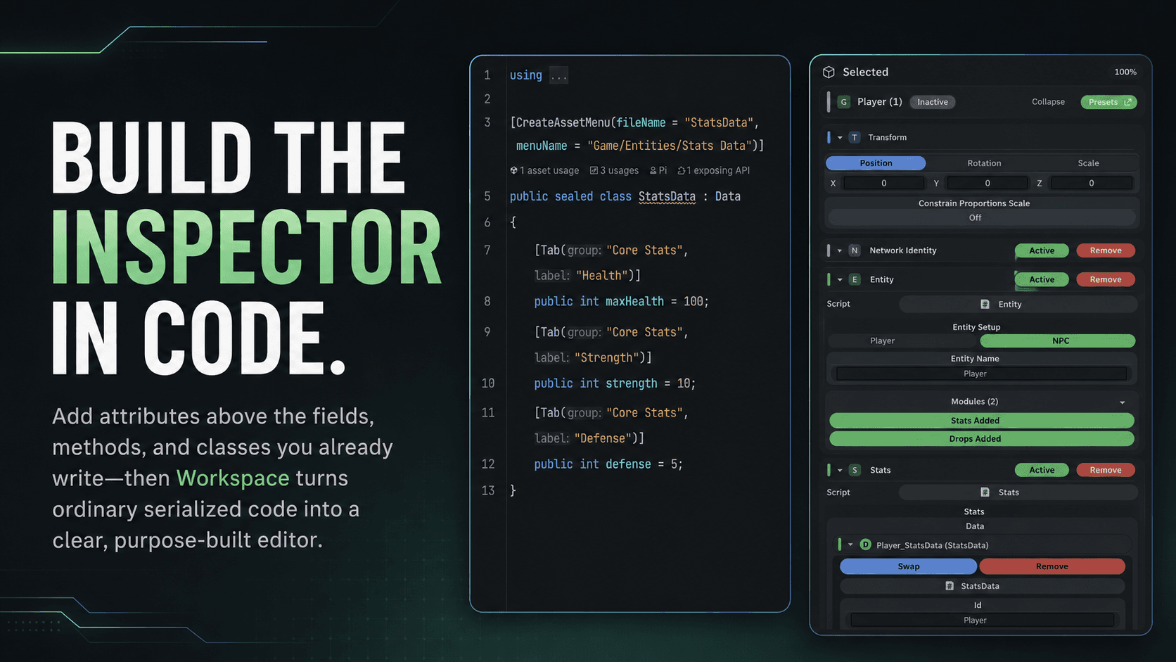 Workspace attributes feature graphic with C sharp code and inspector controls