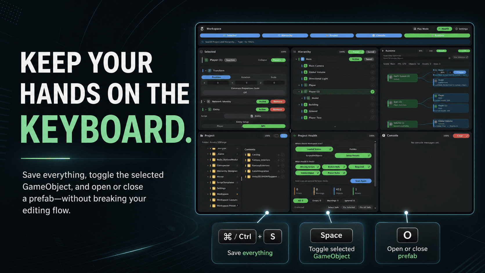 Workspace shortcuts feature graphic showing keyboard-driven editor actions