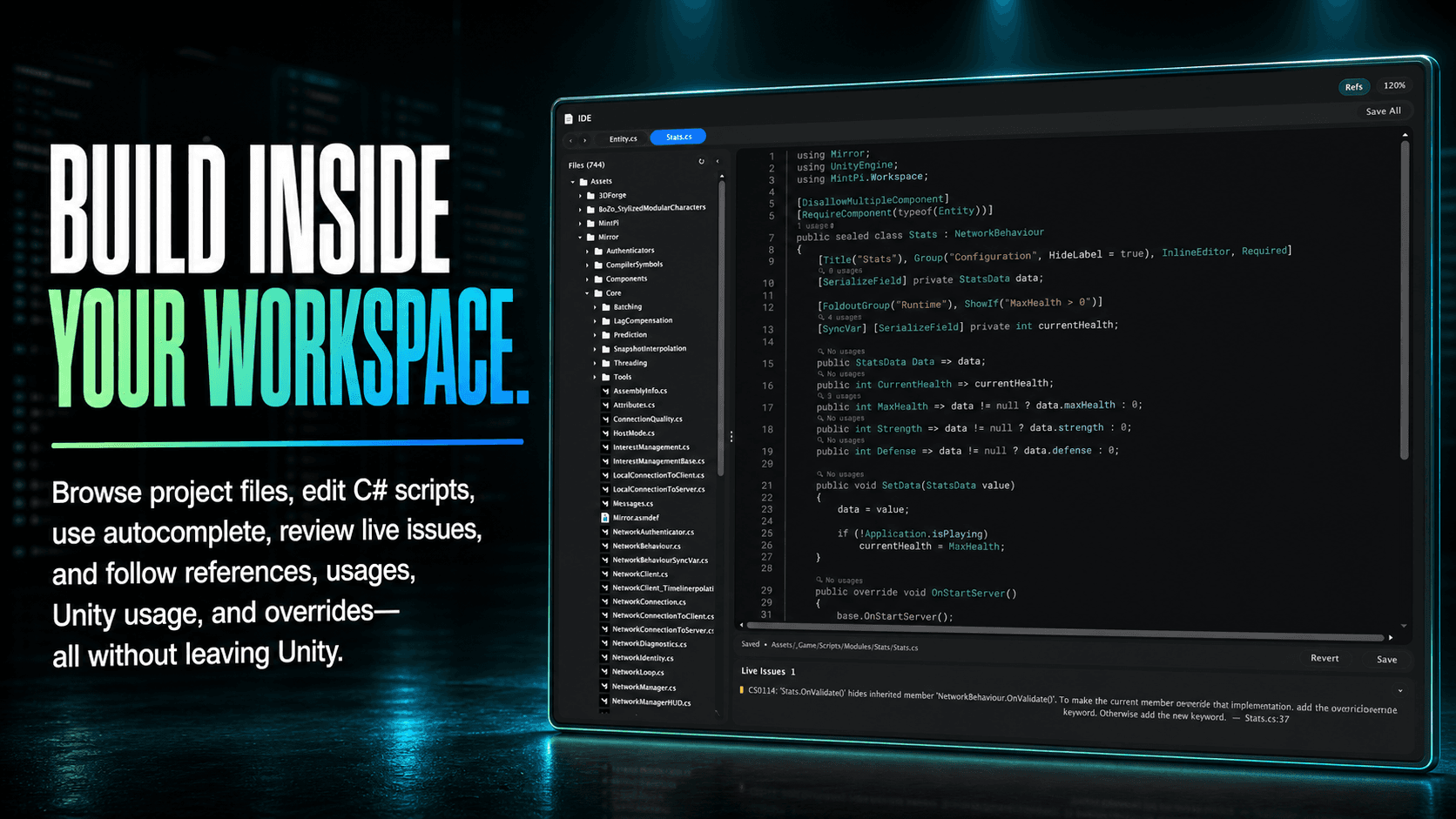 Workspace IDE feature graphic showing file navigation, C sharp editing, live issues, saving, and code references and usage